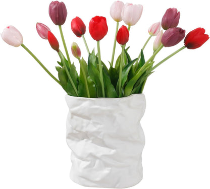 15 Pcs White Artificial Tulips Fake Flowers, Premium Latex Lifelike Texture, UV Resistant Waterproof Faux Tulip Bouquets with Snap-on Petals for Outdoor, Home, Wedding Decor
