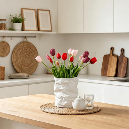 15 Pcs White Artificial Tulips Fake Flowers, Premium Latex Lifelike Texture, UV Resistant Waterproof Faux Tulip Bouquets with Snap-on Petals for Outdoor, Home, Wedding Decor