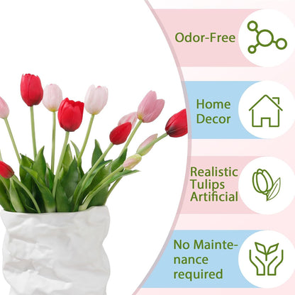 15 Pcs White Artificial Tulips Fake Flowers, Premium Latex Lifelike Texture, UV Resistant Waterproof Faux Tulip Bouquets with Snap-on Petals for Outdoor, Home, Wedding Decor