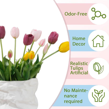 15 Pcs White Artificial Tulips Fake Flowers, Premium Latex Lifelike Texture, UV Resistant Waterproof Faux Tulip Bouquets with Snap-on Petals for Outdoor, Home, Wedding Decor