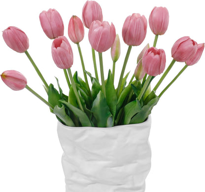 15 Pcs White Artificial Tulips Fake Flowers, Premium Latex Lifelike Texture, UV Resistant Waterproof Faux Tulip Bouquets with Snap-on Petals for Outdoor, Home, Wedding Decor