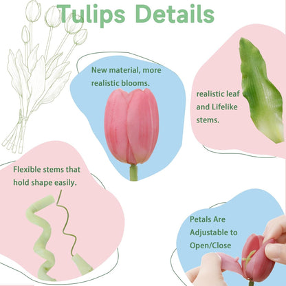 15 Pcs White Artificial Tulips Fake Flowers, Premium Latex Lifelike Texture, UV Resistant Waterproof Faux Tulip Bouquets with Snap-on Petals for Outdoor, Home, Wedding Decor