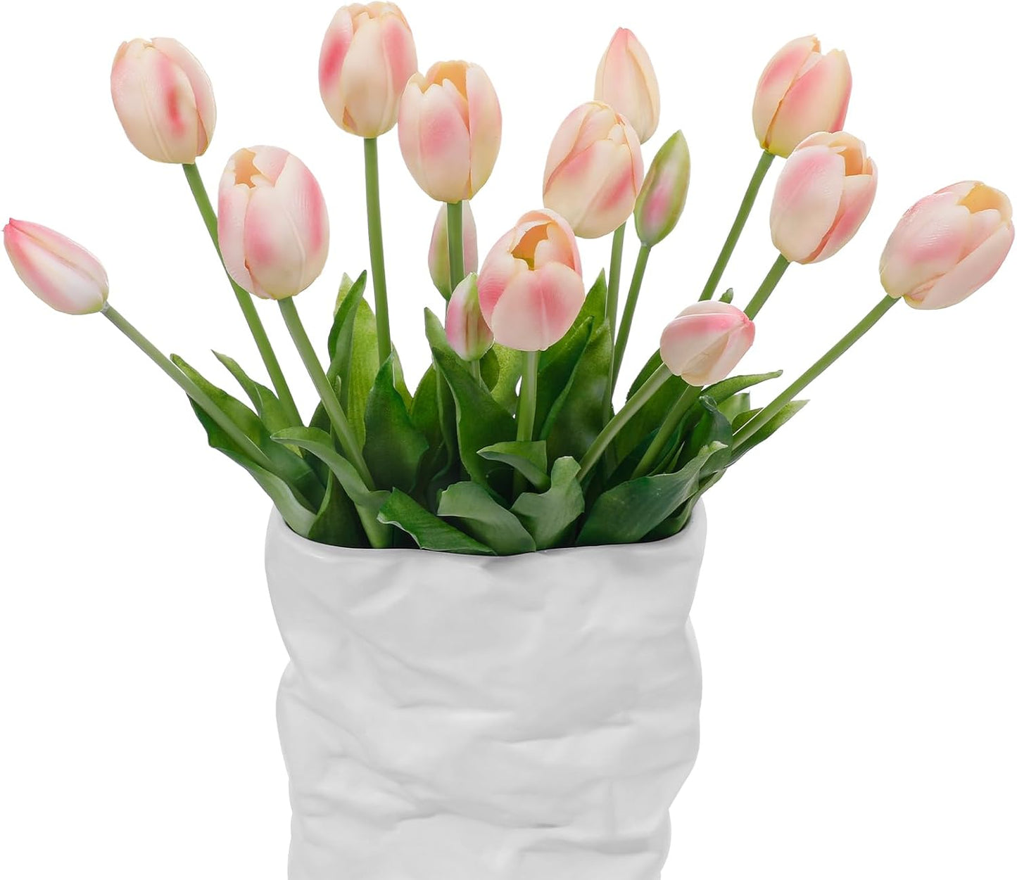15 Pcs White Artificial Tulips Fake Flowers, Premium Latex Lifelike Texture, UV Resistant Waterproof Faux Tulip Bouquets with Snap-on Petals for Outdoor, Home, Wedding Decor