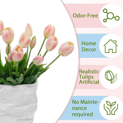 15 Pcs White Artificial Tulips Fake Flowers, Premium Latex Lifelike Texture, UV Resistant Waterproof Faux Tulip Bouquets with Snap-on Petals for Outdoor, Home, Wedding Decor