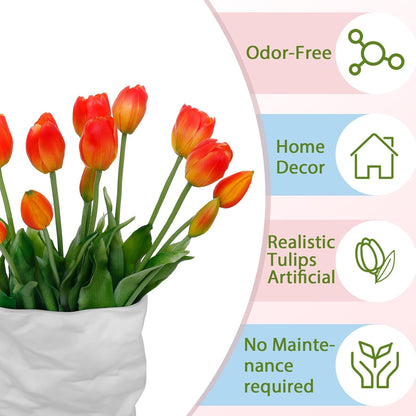 15 Pcs White Artificial Tulips Fake Flowers, Premium Latex Lifelike Texture, UV Resistant Waterproof Faux Tulip Bouquets with Snap-on Petals for Outdoor, Home, Wedding Decor