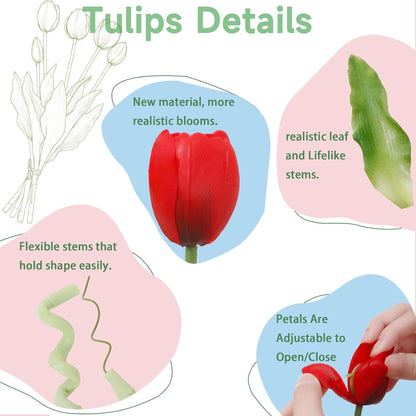 15 Pcs White Artificial Tulips Fake Flowers, Premium Latex Lifelike Texture, UV Resistant Waterproof Faux Tulip Bouquets with Snap-on Petals for Outdoor, Home, Wedding Decor