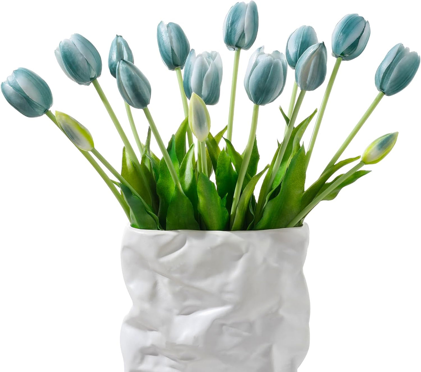 15 Pcs White Artificial Tulips Fake Flowers, Premium Latex Lifelike Texture, UV Resistant Waterproof Faux Tulip Bouquets with Snap-on Petals for Outdoor, Home, Wedding Decor