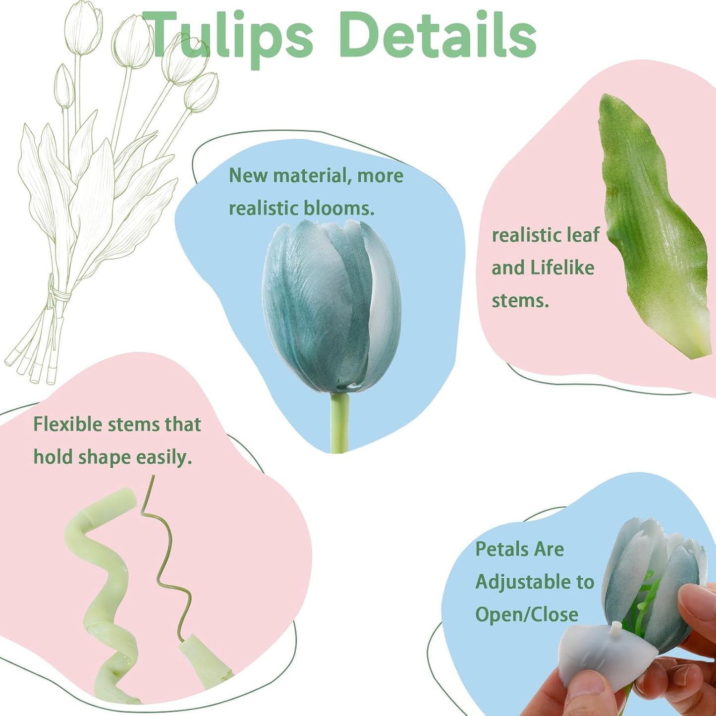 15 Pcs White Artificial Tulips Fake Flowers, Premium Latex Lifelike Texture, UV Resistant Waterproof Faux Tulip Bouquets with Snap-on Petals for Outdoor, Home, Wedding Decor