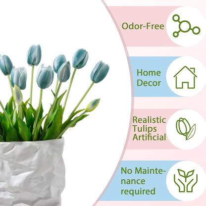 15 Pcs White Artificial Tulips Fake Flowers, Premium Latex Lifelike Texture, UV Resistant Waterproof Faux Tulip Bouquets with Snap-on Petals for Outdoor, Home, Wedding Decor