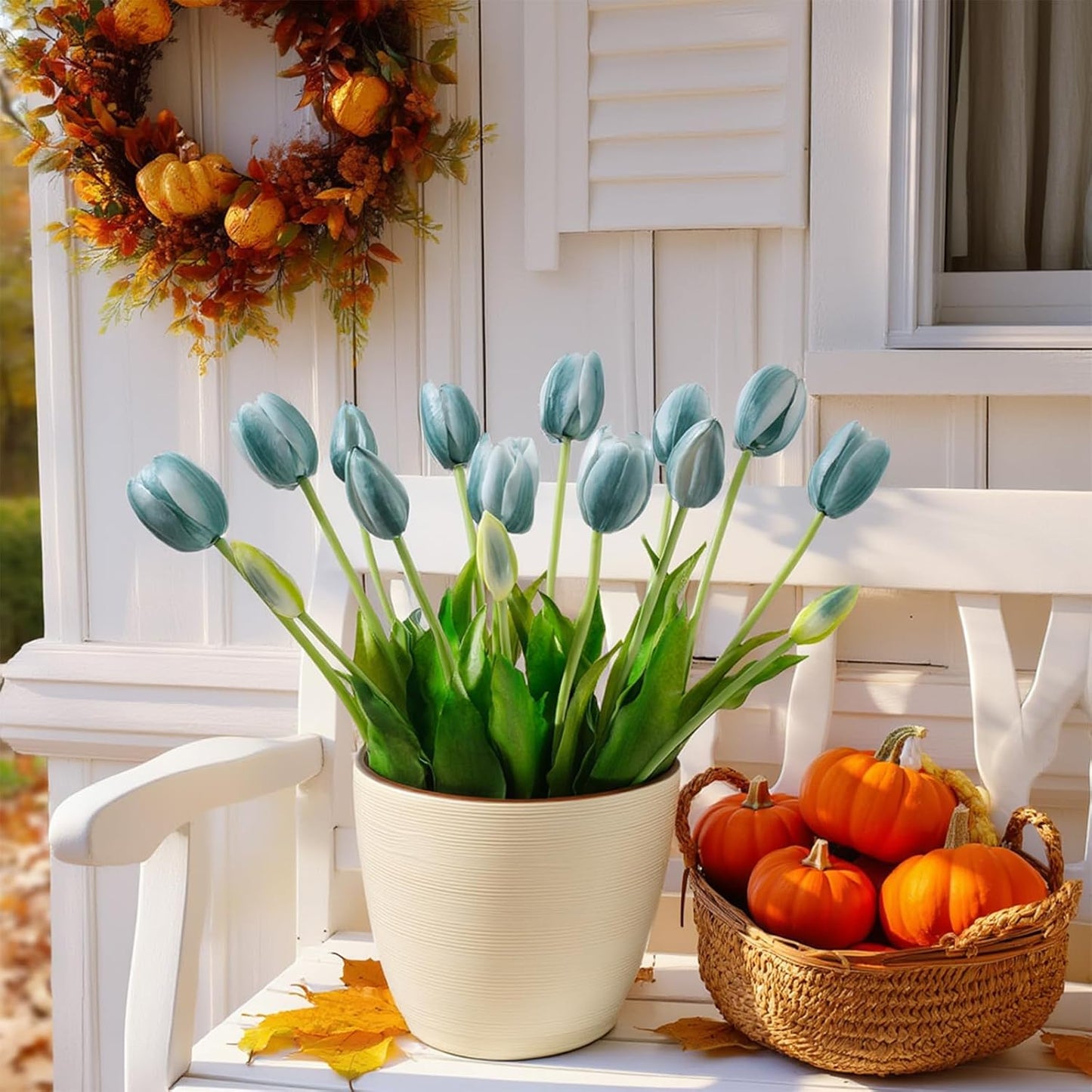 15 Pcs White Artificial Tulips Fake Flowers, Premium Latex Lifelike Texture, UV Resistant Waterproof Faux Tulip Bouquets with Snap-on Petals for Outdoor, Home, Wedding Decor