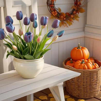 15 Pcs White Artificial Tulips Fake Flowers, Premium Latex Lifelike Texture, UV Resistant Waterproof Faux Tulip Bouquets with Snap-on Petals for Outdoor, Home, Wedding Decor