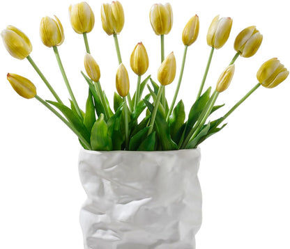 15 Pcs White Artificial Tulips Fake Flowers, Premium Latex Lifelike Texture, UV Resistant Waterproof Faux Tulip Bouquets with Snap-on Petals for Outdoor, Home, Wedding Decor