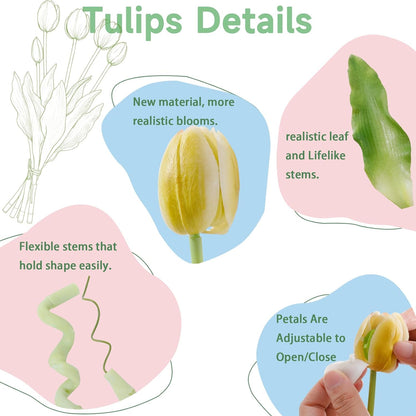 15 Pcs White Artificial Tulips Fake Flowers, Premium Latex Lifelike Texture, UV Resistant Waterproof Faux Tulip Bouquets with Snap-on Petals for Outdoor, Home, Wedding Decor