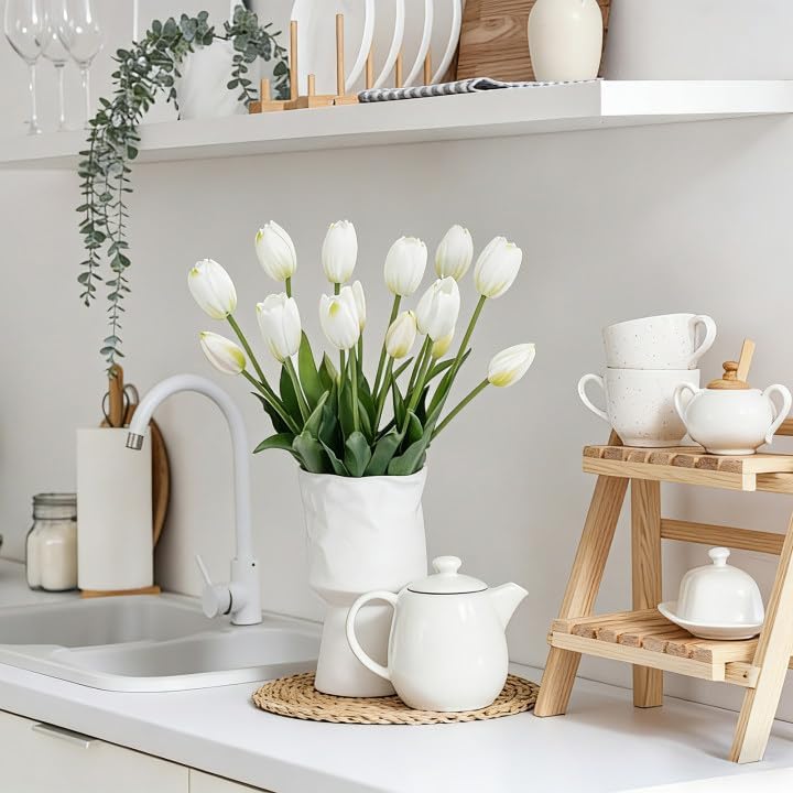 15 Pcs White Artificial Tulips Fake Flowers, Premium Latex Lifelike Texture, UV Resistant Waterproof Faux Tulip Bouquets with Snap-on Petals for Outdoor, Home, Wedding Decor