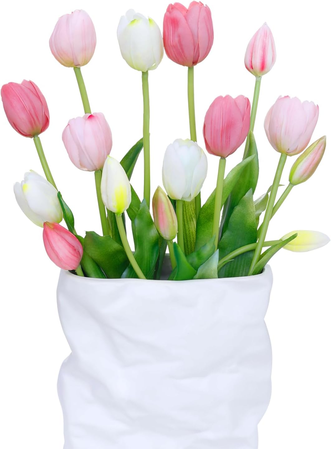 15 Pcs White Artificial Tulips Fake Flowers, Premium Latex Lifelike Texture, UV Resistant Waterproof Faux Tulip Bouquets with Snap-on Petals for Outdoor, Home, Wedding Decor