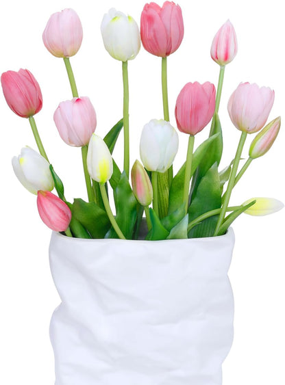 15 Pcs White Artificial Tulips Fake Flowers, Premium Latex Lifelike Texture, UV Resistant Waterproof Faux Tulip Bouquets with Snap-on Petals for Outdoor, Home, Wedding Decor