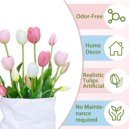 15 Pcs White Artificial Tulips Fake Flowers, Premium Latex Lifelike Texture, UV Resistant Waterproof Faux Tulip Bouquets with Snap-on Petals for Outdoor, Home, Wedding Decor