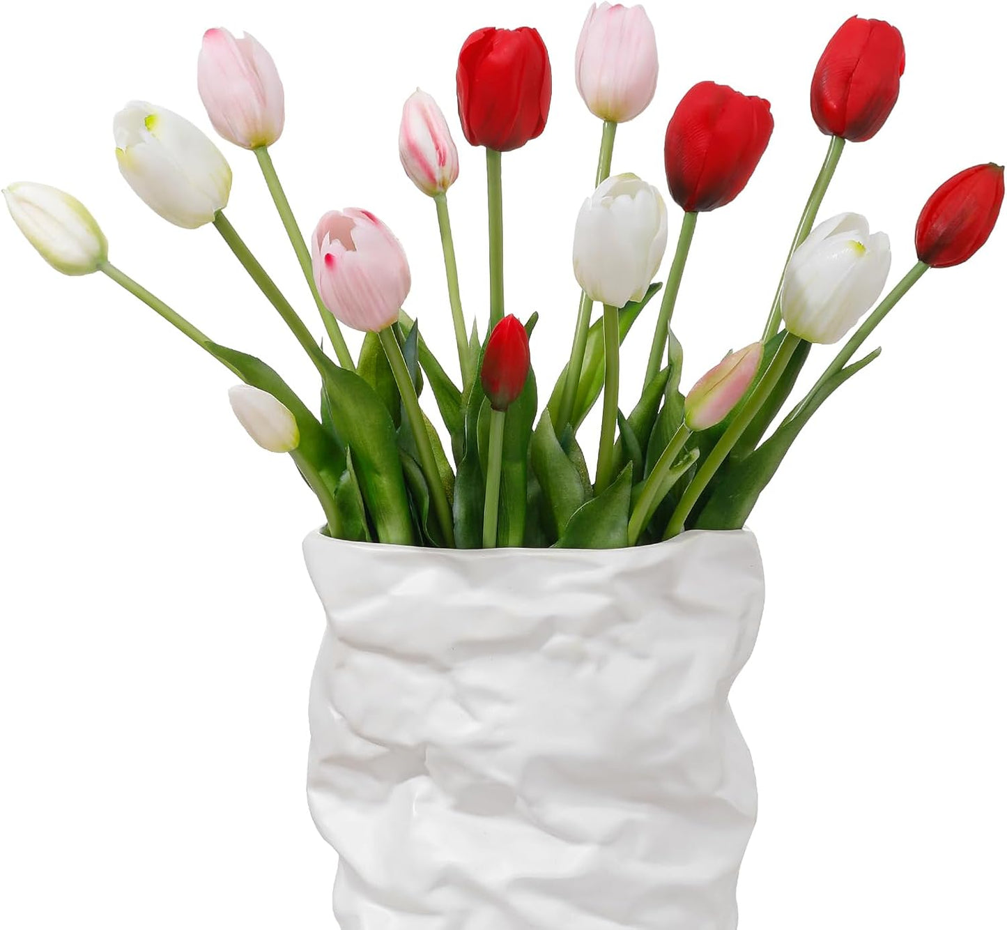 15 Pcs White Artificial Tulips Fake Flowers, Premium Latex Lifelike Texture, UV Resistant Waterproof Faux Tulip Bouquets with Snap-on Petals for Outdoor, Home, Wedding Decor