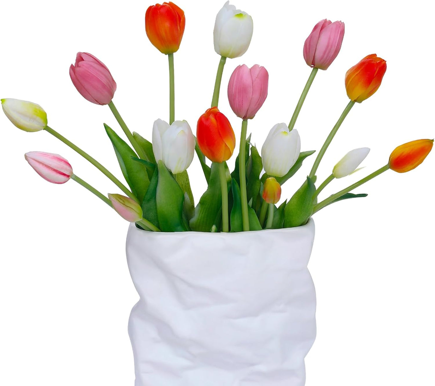 15 Pcs White Artificial Tulips Fake Flowers, Premium Latex Lifelike Texture, UV Resistant Waterproof Faux Tulip Bouquets with Snap-on Petals for Outdoor, Home, Wedding Decor