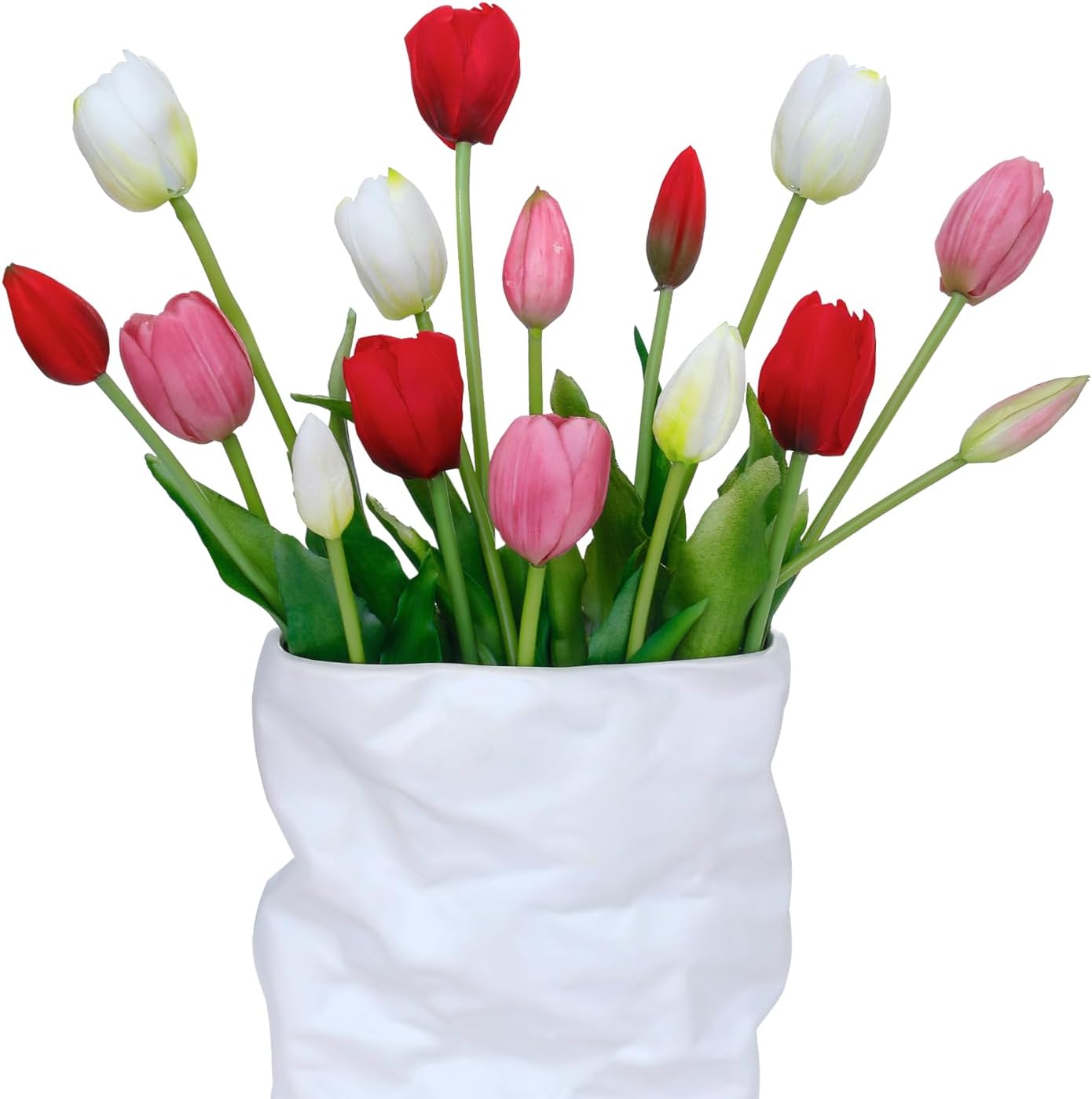 15 Pcs White Artificial Tulips Fake Flowers, Premium Latex Lifelike Texture, UV Resistant Waterproof Faux Tulip Bouquets with Snap-on Petals for Outdoor, Home, Wedding Decor