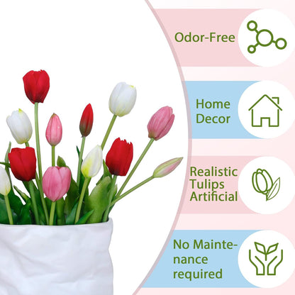 15 Pcs White Artificial Tulips Fake Flowers, Premium Latex Lifelike Texture, UV Resistant Waterproof Faux Tulip Bouquets with Snap-on Petals for Outdoor, Home, Wedding Decor