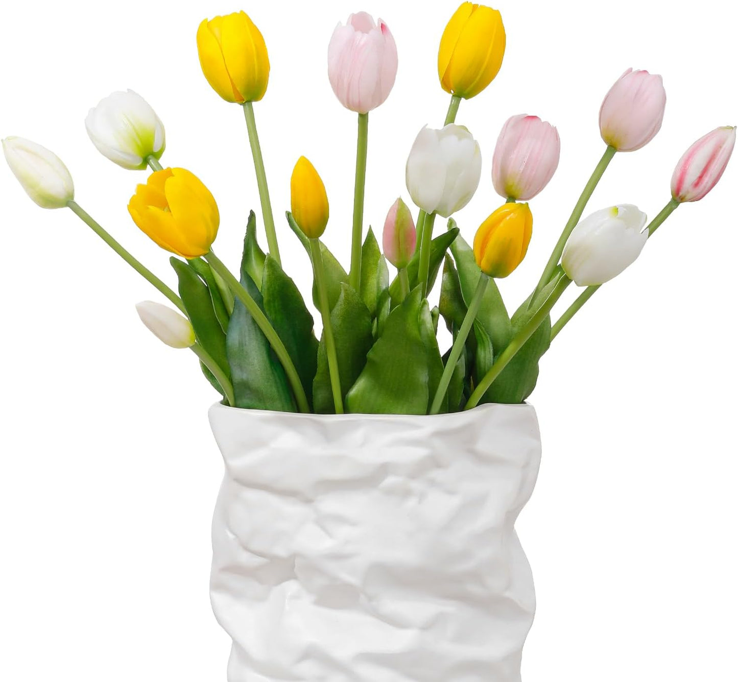 15 Pcs White Artificial Tulips Fake Flowers, Premium Latex Lifelike Texture, UV Resistant Waterproof Faux Tulip Bouquets with Snap-on Petals for Outdoor, Home, Wedding Decor