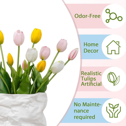 15 Pcs White Artificial Tulips Fake Flowers, Premium Latex Lifelike Texture, UV Resistant Waterproof Faux Tulip Bouquets with Snap-on Petals for Outdoor, Home, Wedding Decor