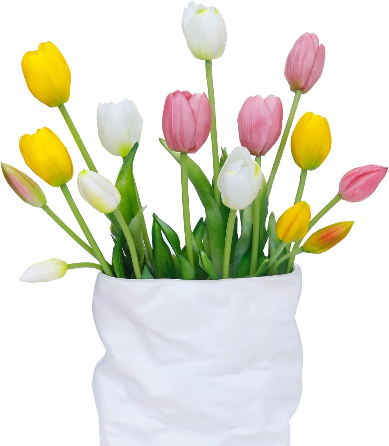15 Pcs White Artificial Tulips Fake Flowers, Premium Latex Lifelike Texture, UV Resistant Waterproof Faux Tulip Bouquets with Snap-on Petals for Outdoor, Home, Wedding Decor