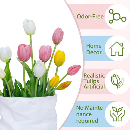 15 Pcs White Artificial Tulips Fake Flowers, Premium Latex Lifelike Texture, UV Resistant Waterproof Faux Tulip Bouquets with Snap-on Petals for Outdoor, Home, Wedding Decor