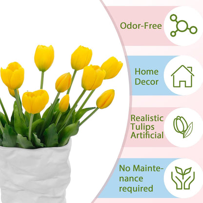15 Pcs White Artificial Tulips Fake Flowers, Premium Latex Lifelike Texture, UV Resistant Waterproof Faux Tulip Bouquets with Snap-on Petals for Outdoor, Home, Wedding Decor