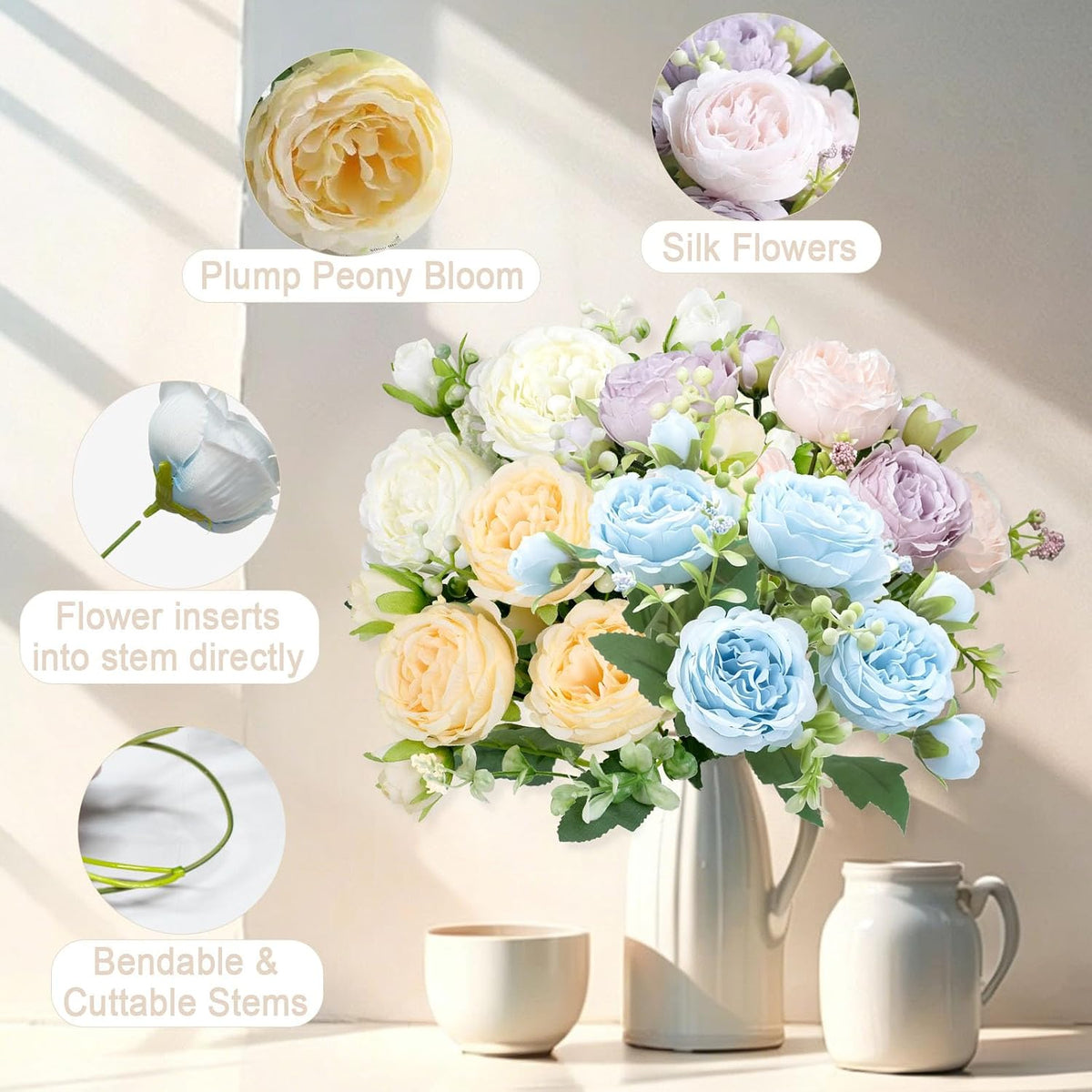 Fake Flowers,4 PCS Artificial Flowers Bouquets of Silk Peony for Home Decor