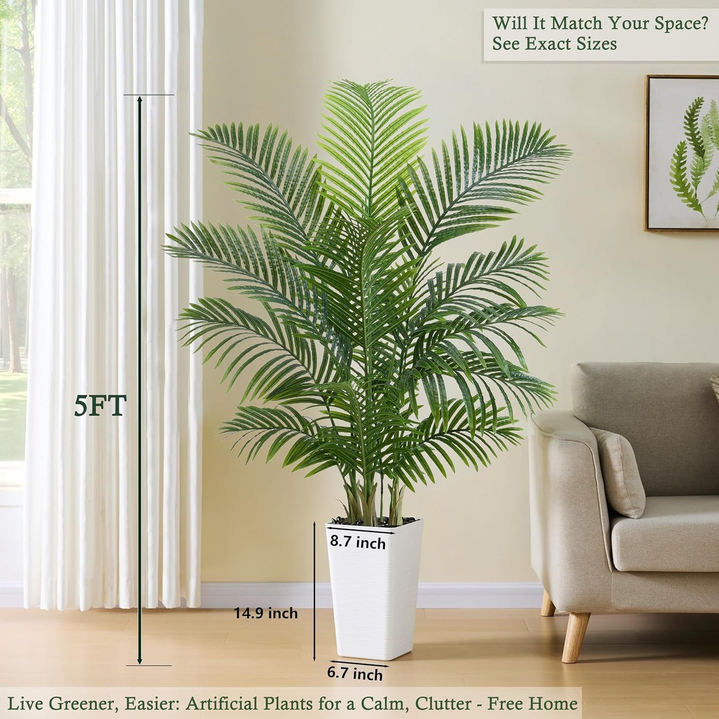 Artificial Palm Tree:5FT Tall Fake Areca Palm Plant (Black Planter) | Large Tropical Faux Palm Tress Silk Plants with Black Pebbles for Home Office Living Room Decor Indoor Patio Porch Balcony