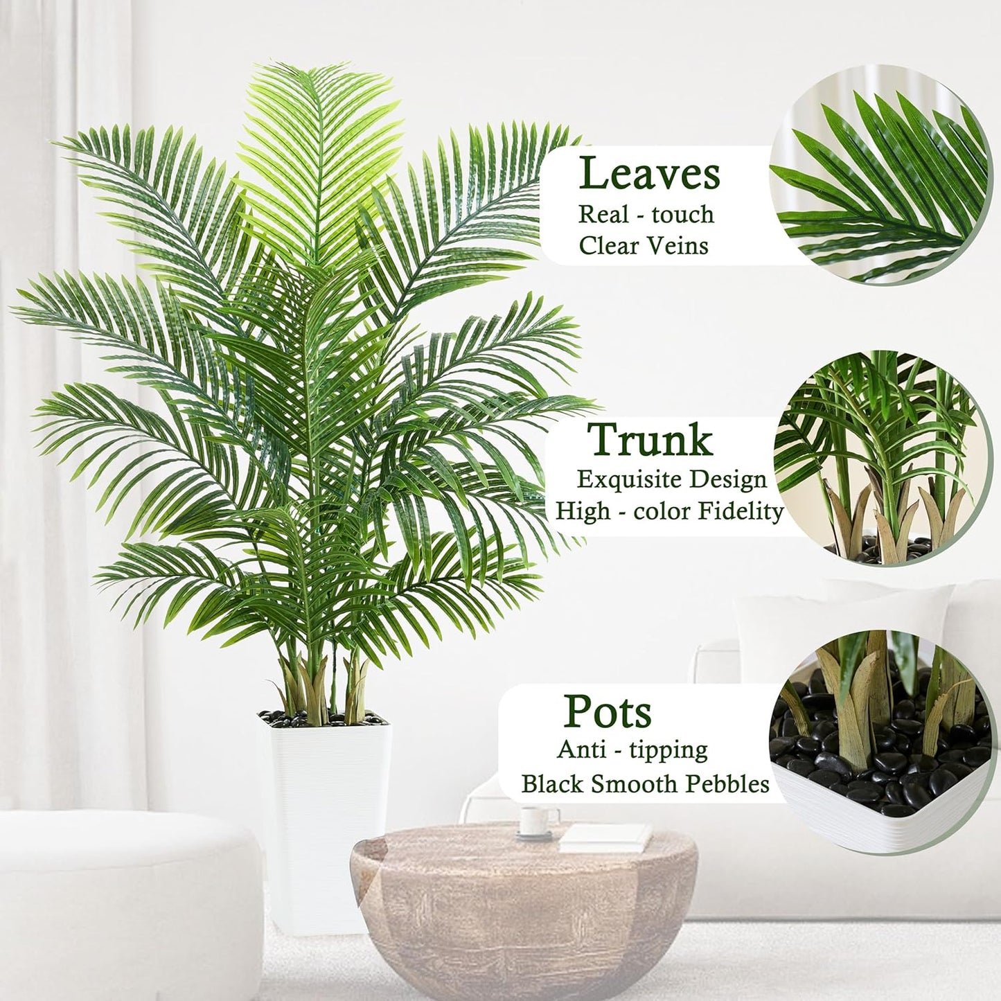 Artificial Palm Tree:5FT Tall Fake Areca Palm Plant (Black Planter) | Large Tropical Faux Palm Tress Silk Plants with Black Pebbles for Home Office Living Room Decor Indoor Patio Porch Balcony