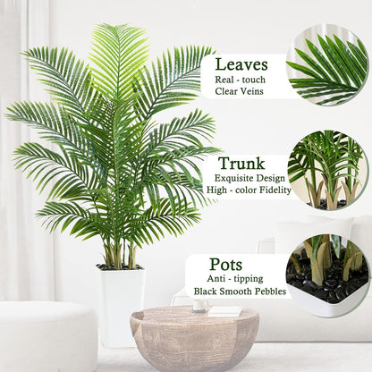 Artificial Palm Tree:5FT Tall Fake Areca Palm Plant (Black Planter) | Large Tropical Faux Palm Tress Silk Plants with Black Pebbles for Home Office Living Room Decor Indoor Patio Porch Balcony