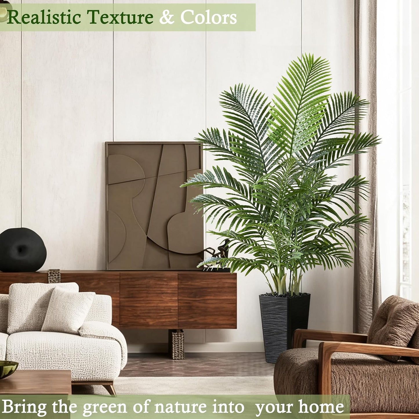 Artificial Palm Tree:5FT Tall Fake Areca Palm Plant (Black Planter) | Large Tropical Faux Palm Tress Silk Plants with Black Pebbles for Home Office Living Room Decor Indoor Patio Porch Balcony