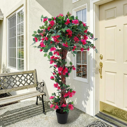 5 Feet Artificial Bougainvillea Tree Faux Blooming Tree with Flowers in Plastic Pot, Fake Bougainvillea Plant for Home Front Porch, Office and Garden Indoor Outdoor Decor(1 Pc)