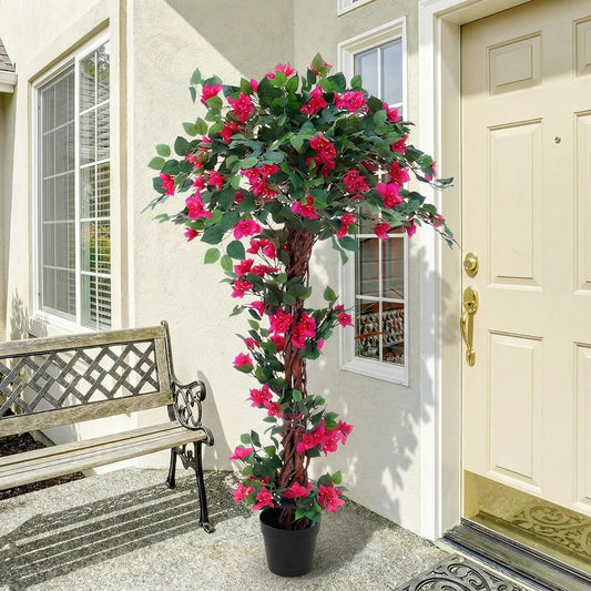 5 Feet Artificial Bougainvillea Tree Faux Blooming Tree with Flowers in Plastic Pot, Fake Bougainvillea Plant for Home Front Porch, Office and Garden Indoor Outdoor Decor(1 Pc)