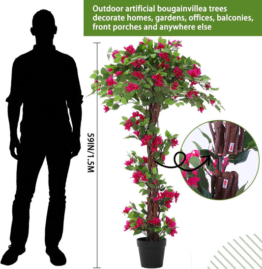 5 Feet Artificial Bougainvillea Tree Faux Blooming Tree with Flowers in Plastic Pot, Fake Bougainvillea Plant for Home Front Porch, Office and Garden Indoor Outdoor Decor(1 Pc)
