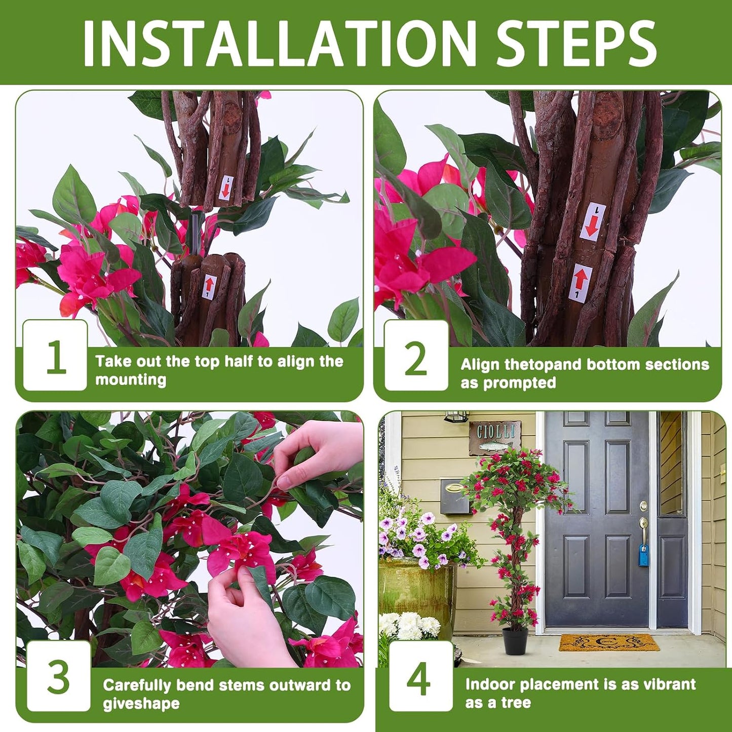 5 Feet Artificial Bougainvillea Tree Faux Blooming Tree with Flowers in Plastic Pot, Fake Bougainvillea Plant for Home Front Porch, Office and Garden Indoor Outdoor Decor(1 Pc)