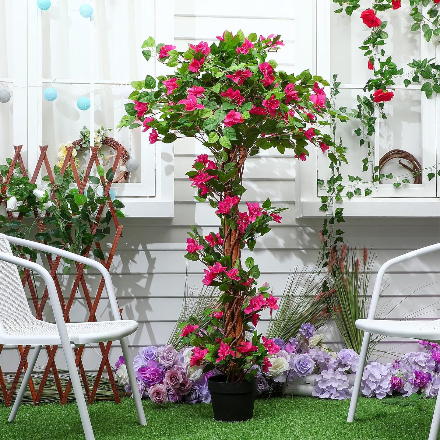 5 Feet Artificial Bougainvillea Tree Faux Blooming Tree with Flowers in Plastic Pot, Fake Bougainvillea Plant for Home Front Porch, Office and Garden Indoor Outdoor Decor(1 Pc)