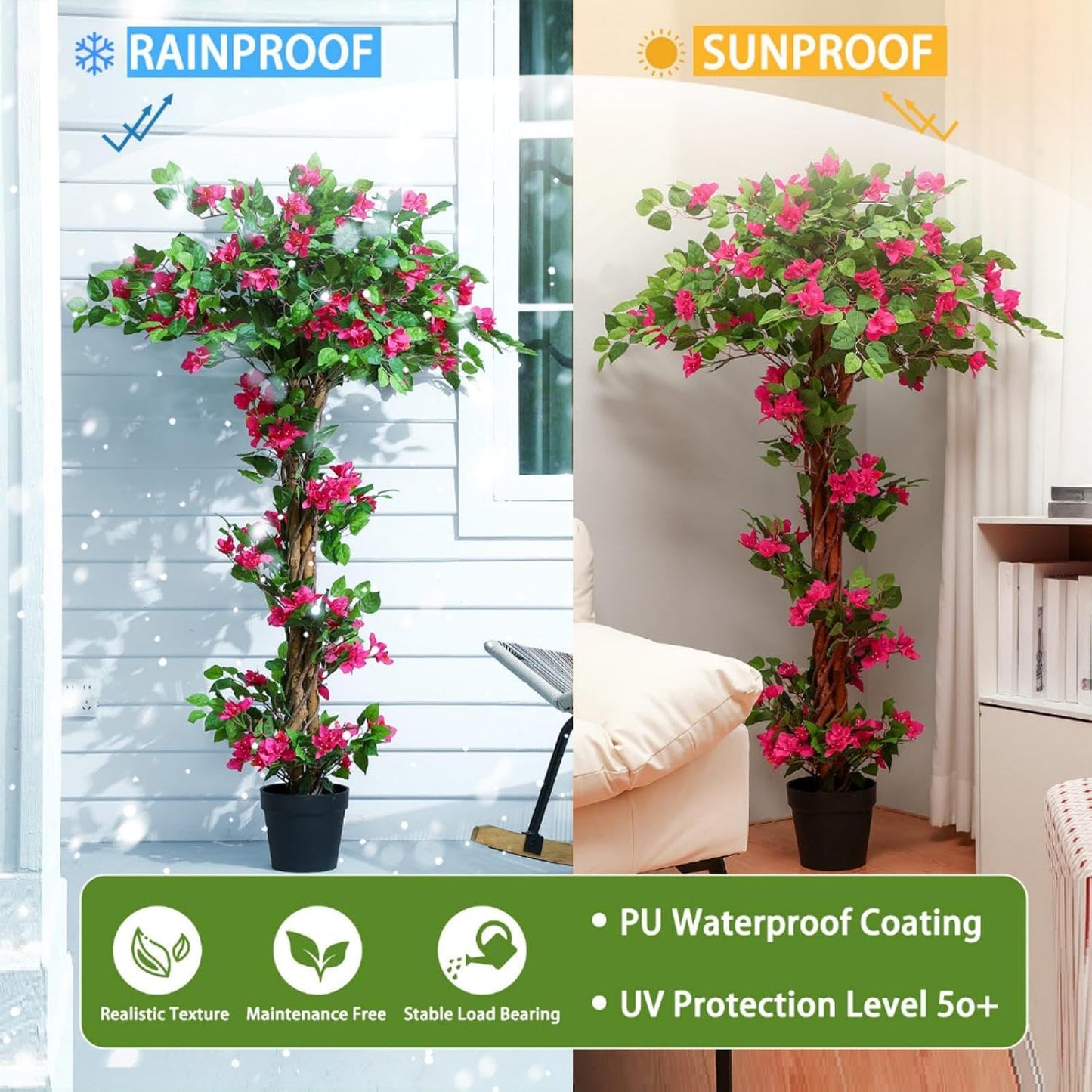5 Feet Artificial Bougainvillea Tree Faux Blooming Tree with Flowers in Plastic Pot, Fake Bougainvillea Plant for Home Front Porch, Office and Garden Indoor Outdoor Decor(1 Pc)