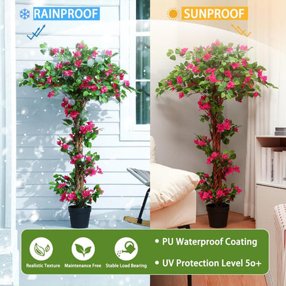 5 Feet Artificial Bougainvillea Tree Faux Blooming Tree with Flowers in Plastic Pot, Fake Bougainvillea Plant for Home Front Porch, Office and Garden Indoor Outdoor Decor(1 Pc)