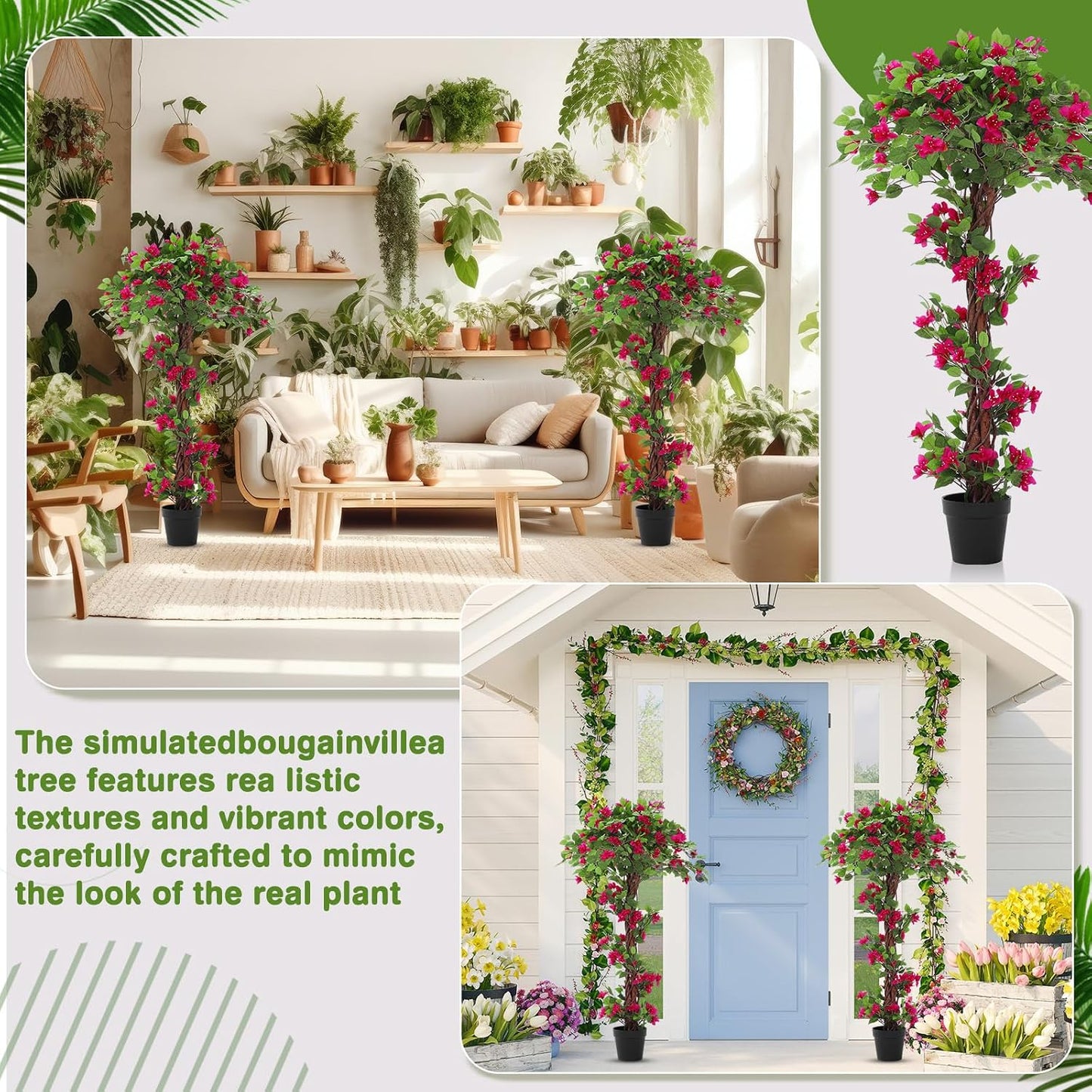 5 Feet Artificial Bougainvillea Tree Faux Blooming Tree with Flowers in Plastic Pot, Fake Bougainvillea Plant for Home Front Porch, Office and Garden Indoor Outdoor Decor(1 Pc)