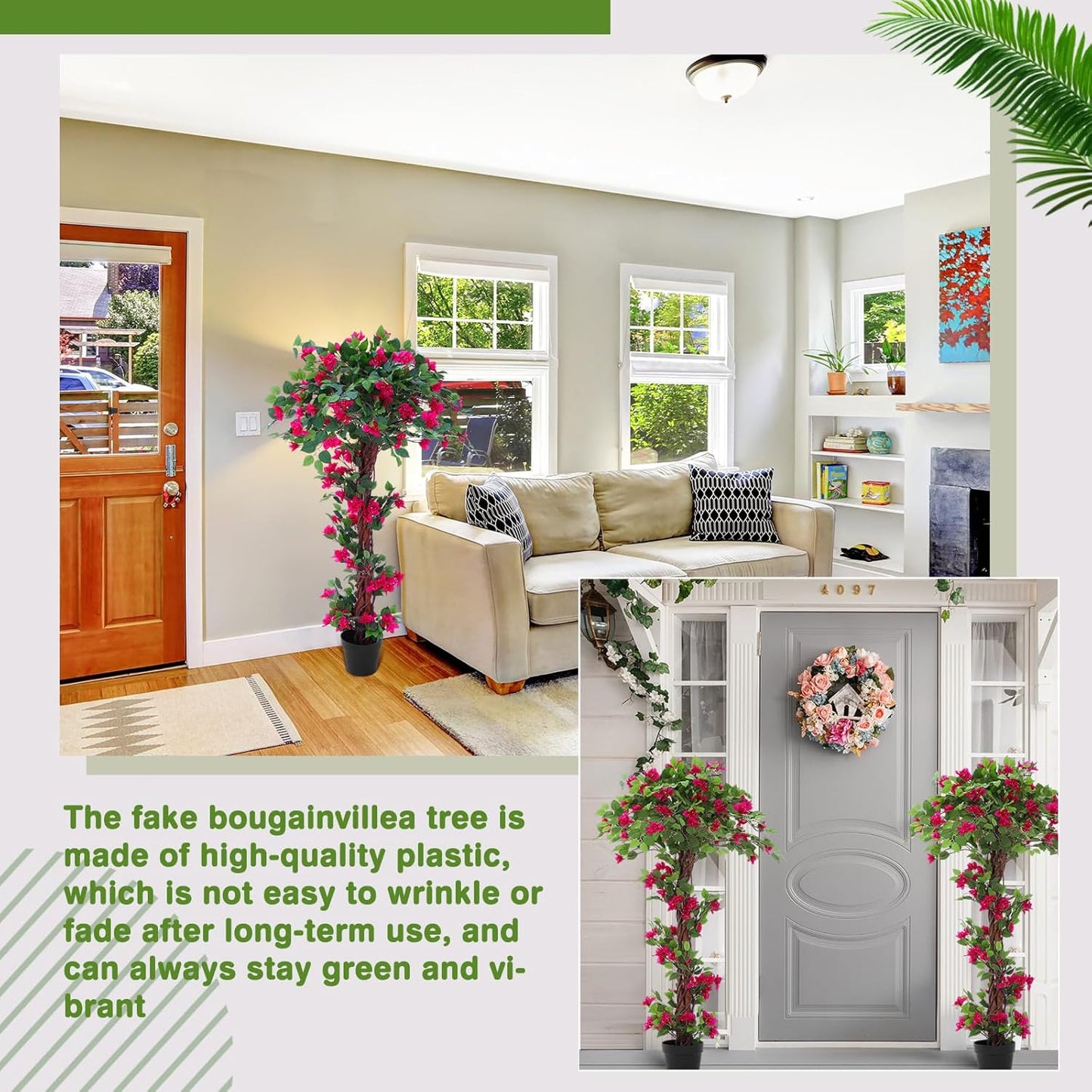 5 Feet Artificial Bougainvillea Tree Faux Blooming Tree with Flowers in Plastic Pot, Fake Bougainvillea Plant for Home Front Porch, Office and Garden Indoor Outdoor Decor(1 Pc)