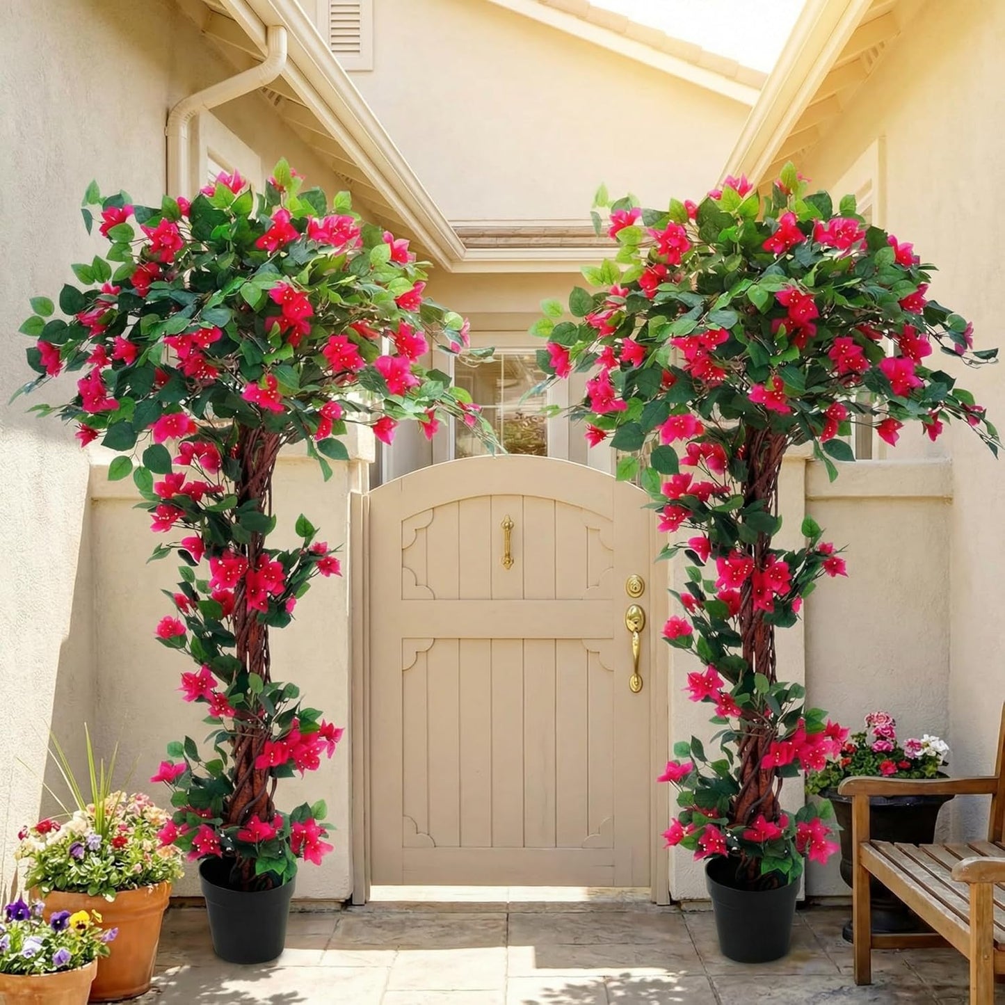 5 Feet Artificial Bougainvillea Tree Faux Blooming Tree with Flowers in Plastic Pot, Fake Bougainvillea Plant for Home Front Porch, Office and Garden Indoor Outdoor Decor(1 Pc)