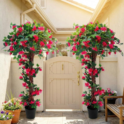 5 Feet Artificial Bougainvillea Tree Faux Blooming Tree with Flowers in Plastic Pot, Fake Bougainvillea Plant for Home Front Porch, Office and Garden Indoor Outdoor Decor(1 Pc)