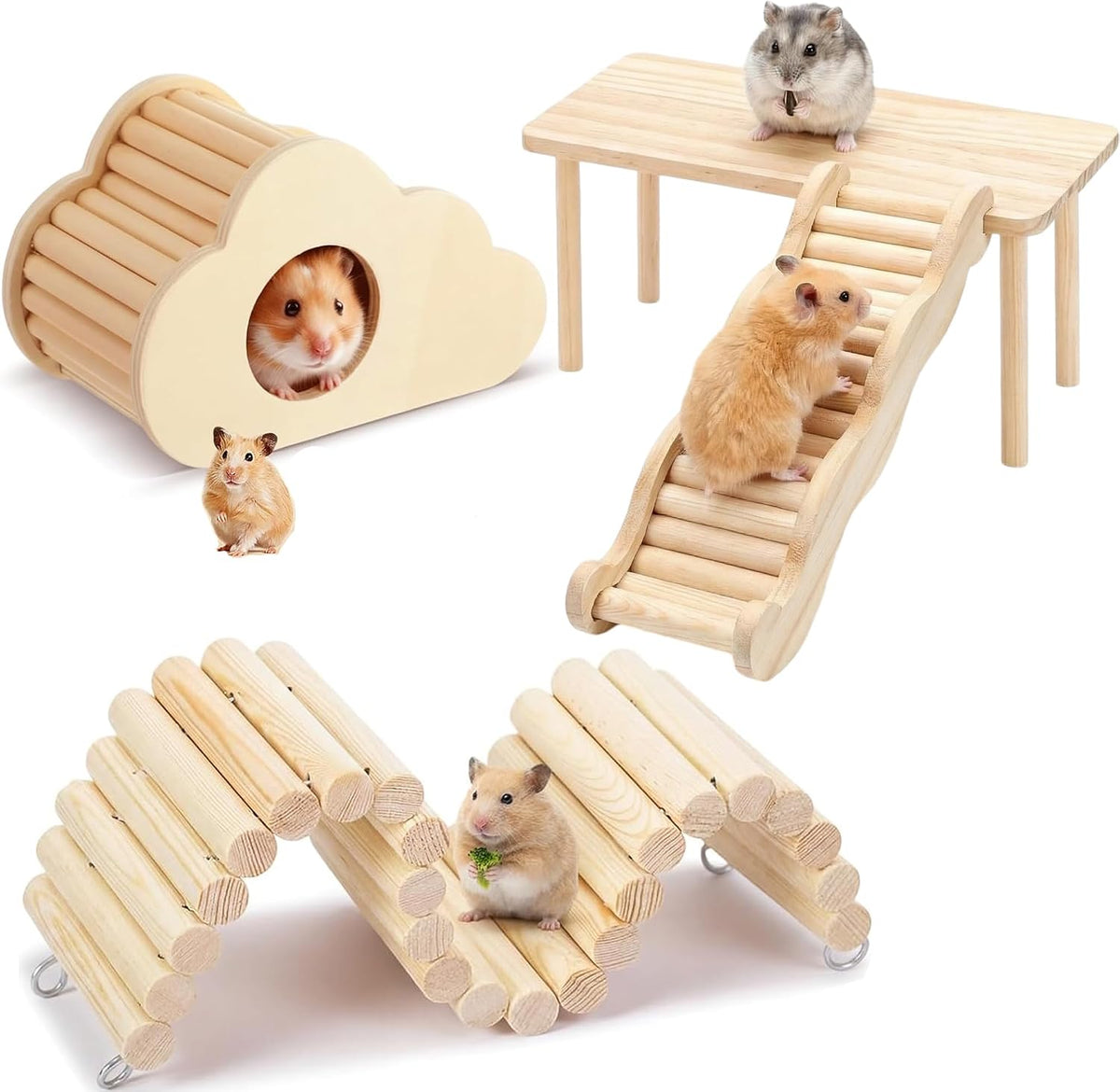 Hamster Platforms Wooden Ladder Bendy Bridge Fence Hidden Play House