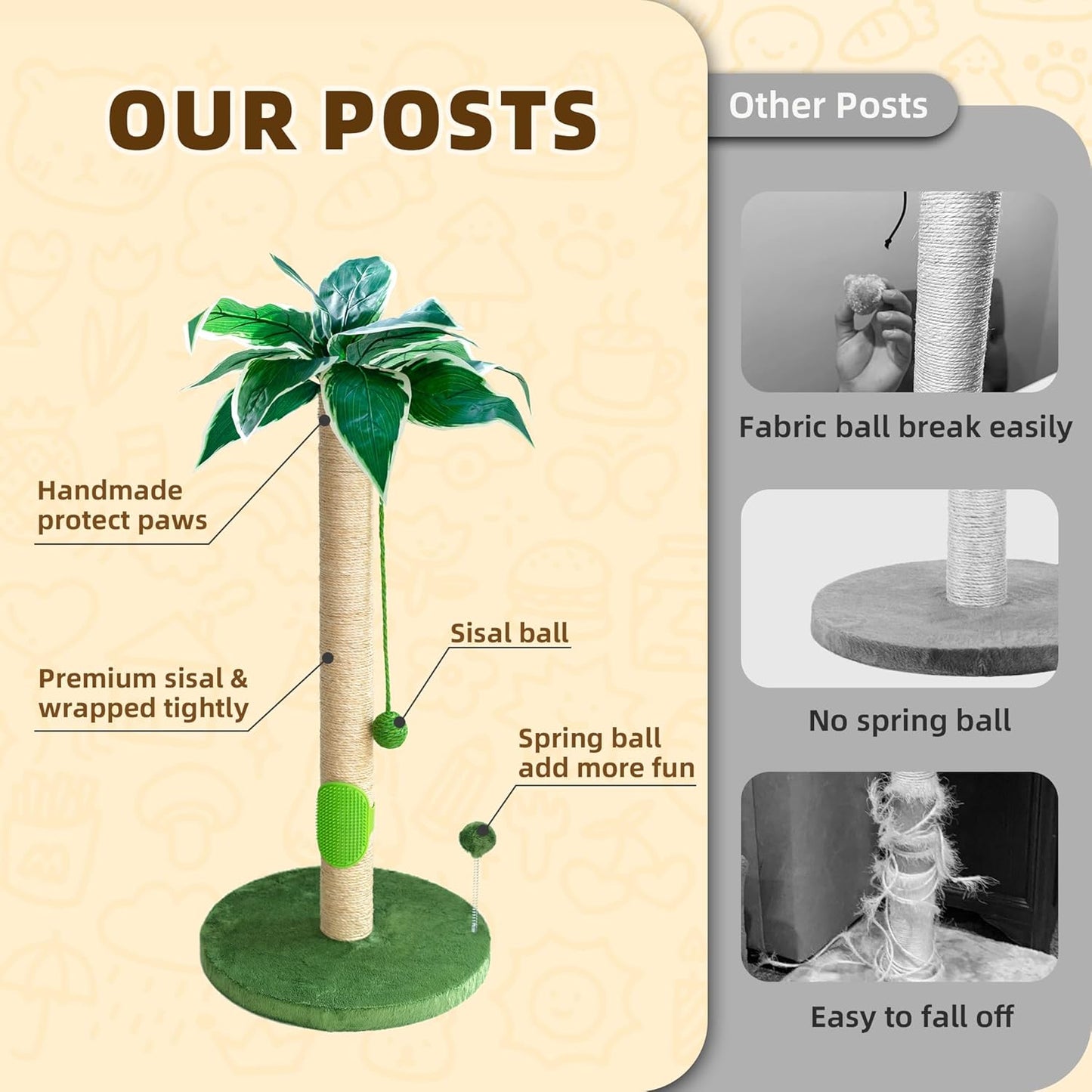 Cat Scratching Post 33'' Cat Scratcher Tall Scratching Posts for Indoor Cats with Cat Toy and Interactive Ball Self Groomer for Kittens Adults Cats