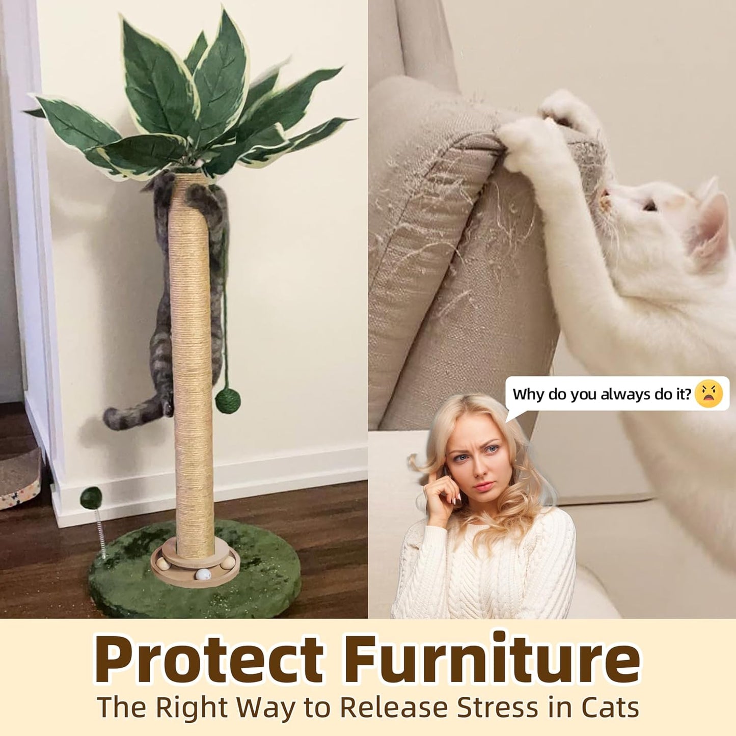 Cat Scratching Post 33'' Cat Scratcher Tall Scratching Posts for Indoor Cats with Cat Toy and Interactive Ball Self Groomer for Kittens Adults Cats