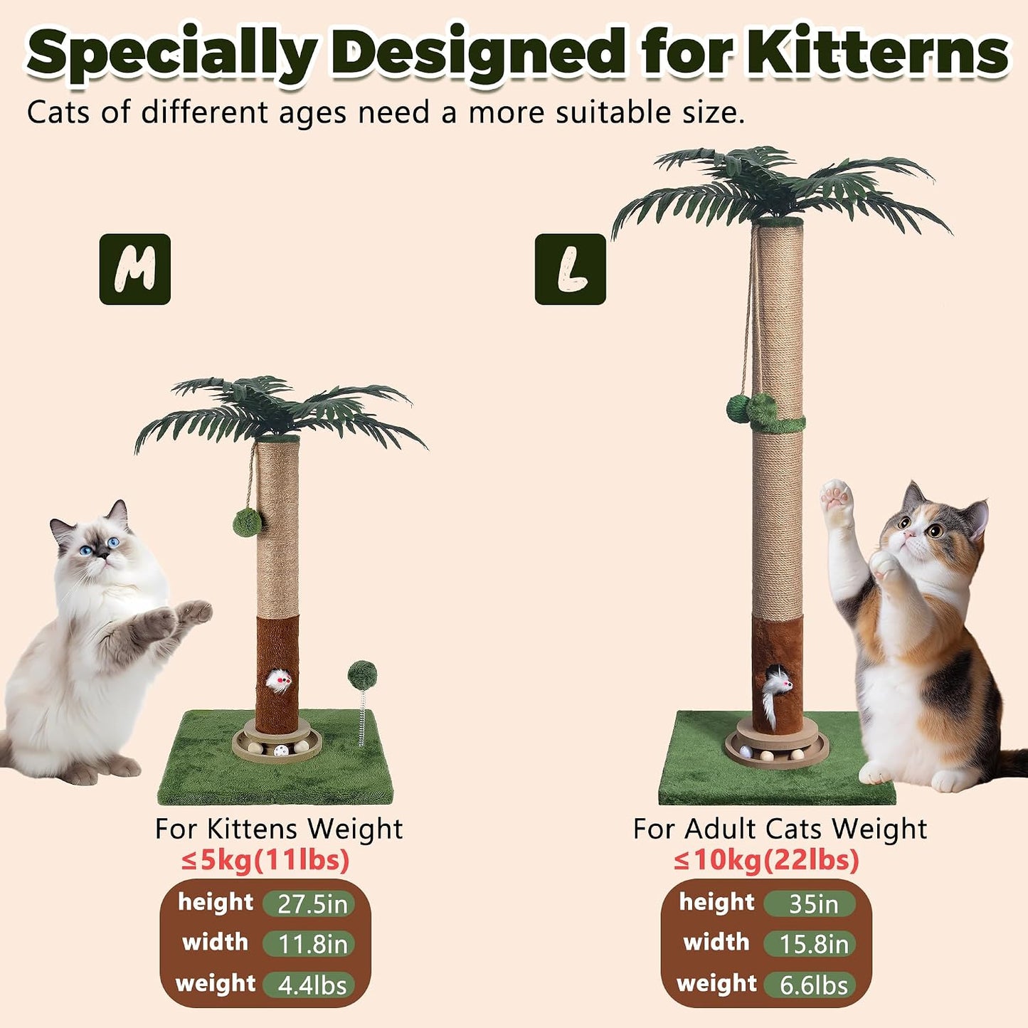 Cat Scratching Post 33'' Cat Scratcher Tall Scratching Posts for Indoor Cats with Cat Toy and Interactive Ball Self Groomer for Kittens Adults Cats